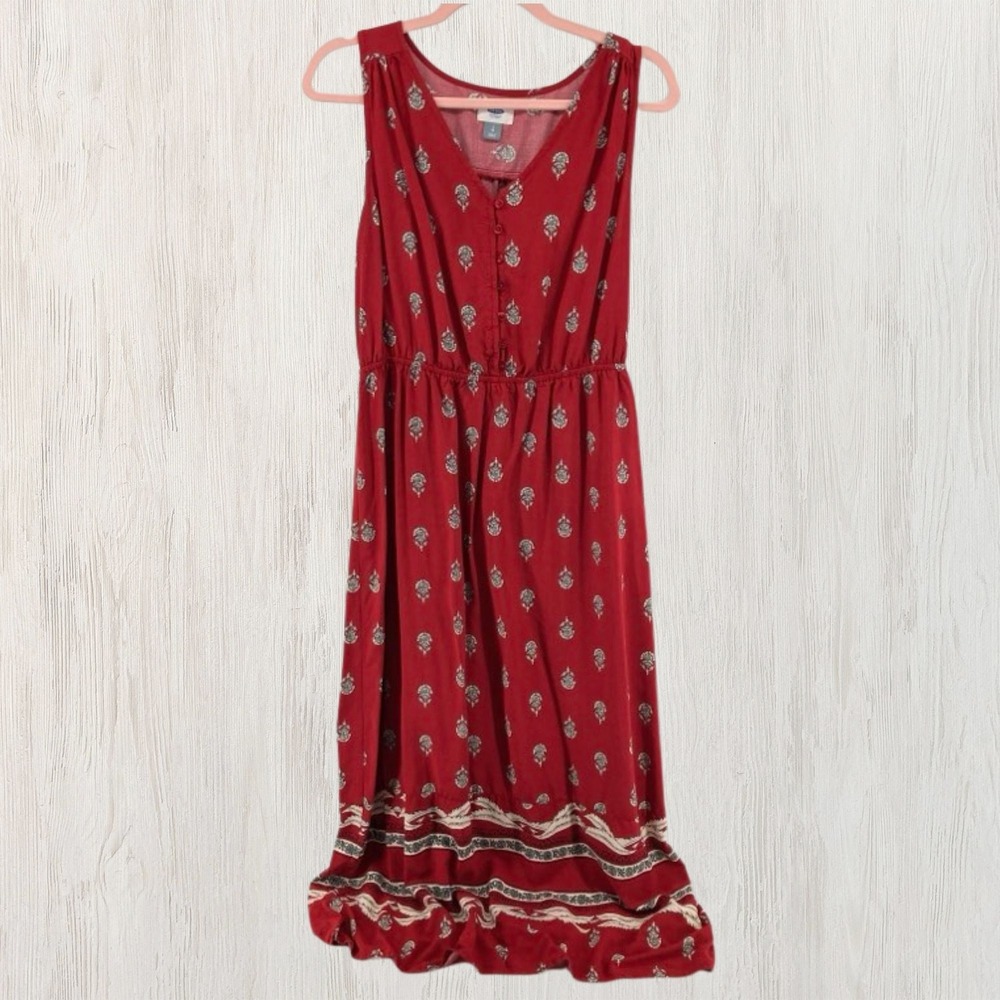 Old Navy Red Floral Block Print Sleeveless Midi Dress V-Neck Elastic Waist Large
